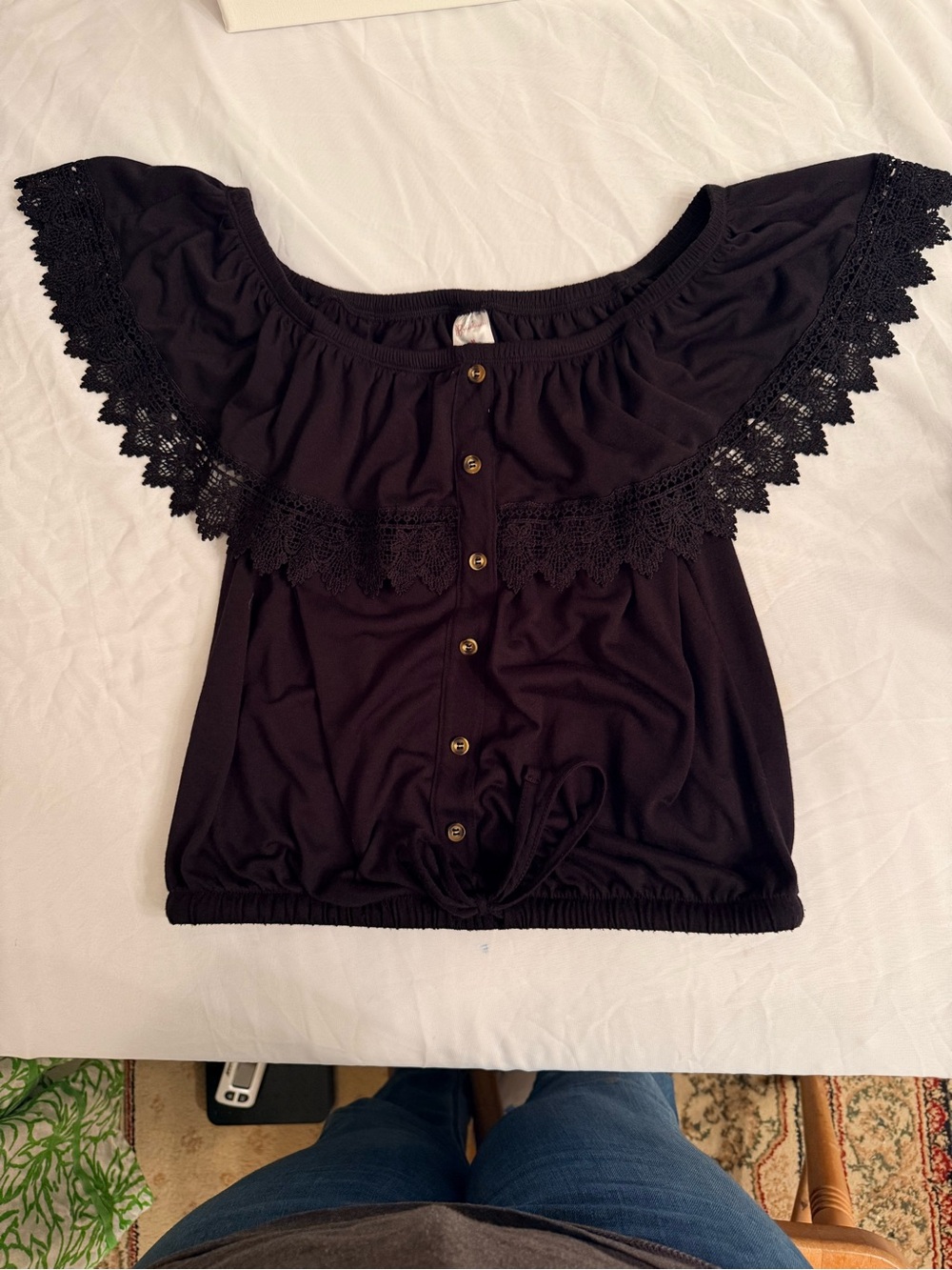 No Boundaries Black Off-the-Shoulder Lace-Trim Crop Top